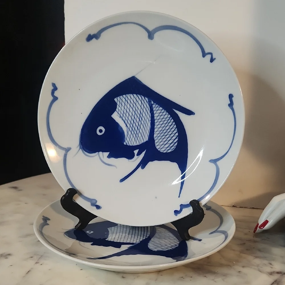 Vintage Set 2 Koi Fish Plates 10